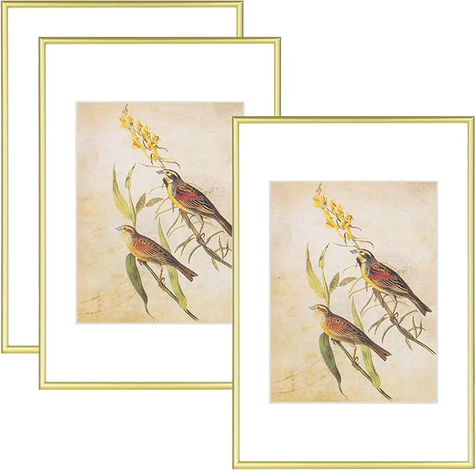 8x12 Picture Frame Set of 3, Matte Gold Modern Thin Aluminum Metal Photo Frame with HD Glass, Fits 6x8 with Mat or 8 x 12 without Mat, for Tabletop and Wall Mounting
