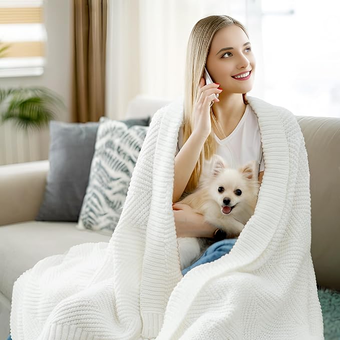 Knitted Throw Blanket 50"X60", White Knit Throws for Bed, Super Soft Boho Chevron Blankets for Couch Sofa Chair Room Decor, Textured Decorative Farmhouse Cozy Lightweight