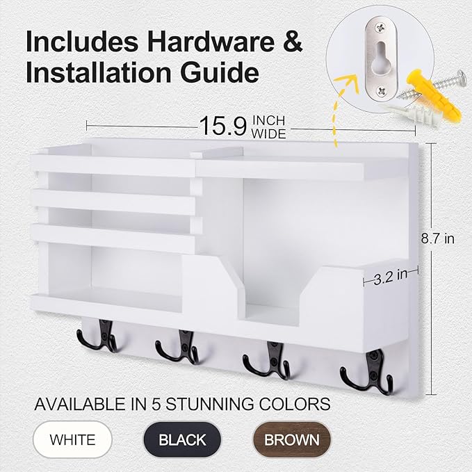 Mail and Key Holder for Wall – Decorative 15.9” x 8.7” x 3.2” Entryway Organizer with Shelf – Paulownia Wood with 4 Dual Hooks Includes Mounting Hardware and Installation Guide