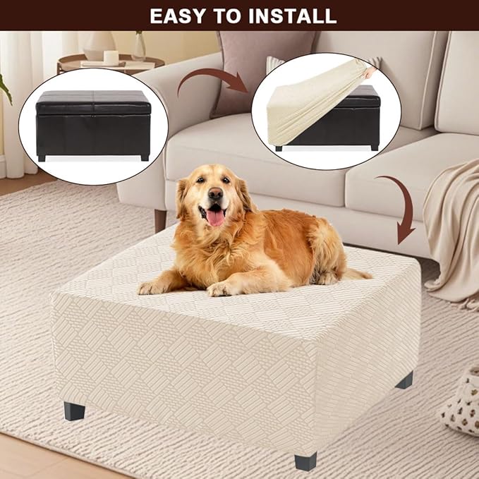 Square Ottoman Cover Large Stretch Storage Ottoman Bench Covers Slipcovers Cube Jacquard Covers for Square Ottomans Coffee Table Footrest Stool Cover with Elastic Bottom S Beige