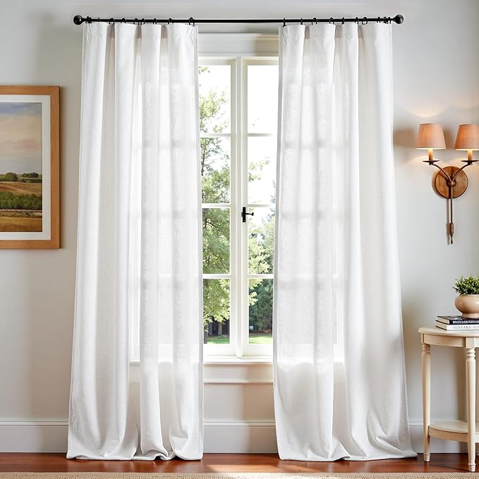 jinchan Linen Blend Curtains 96 inch Length 2 Panels for Bedroom Living Room, Floor to Ceiling 50 inch Wide Farmhouse Drapes with Rod Pocket Back Tab(50W x 96L, Off White)