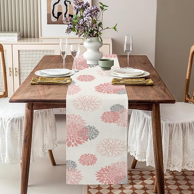 Pink Gray Table Runner Dahlia Pinnata Flower Beige Table Runners Modern Elegant Pompon Farmhouse Geometric Table Center Decor for Girls Room Dining Party Patio (13 x 72 Inch)