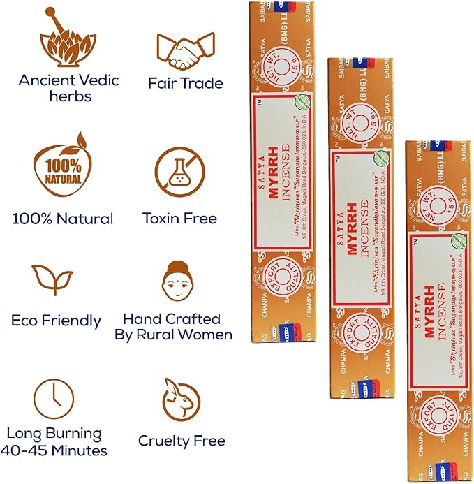 Satya Myrrh Incense Sticks, Satya 15gmx12 Pack with Raajsee Incense Holder Bundle, Satya Nagchampa Natural Incense
