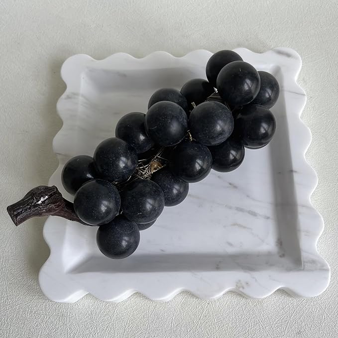 Vintage Natural Marble Tray Small Ornaments Scalloped Tray Handmade Storage Dish for Counter, Vanity, Dresser, Nightstand and Desk (Volakas White)