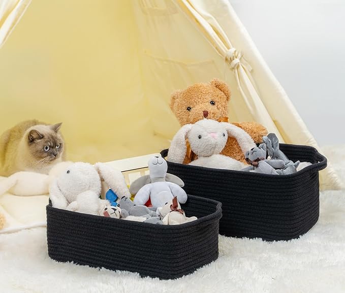 CubesLand Cute and Durable Small Cotton Rope Basket for Organizing, Woven Closet Storage Bin,Shelves Closet Storage Basket, Bathroom Storage Organizer Bin, Nursery Toy Basket Bin, Black Basket