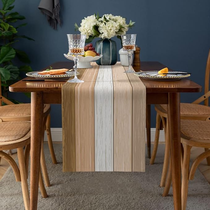 Summer Fall Table Runner,Brown Beach Cotton Linen Tablecloth Holiday Farmhouse Table Decorations for Home,Kitchen,Dining Room,Indoor,Outdoor,Small 13X36 Inches Retro Rustic Barn Wood Texture