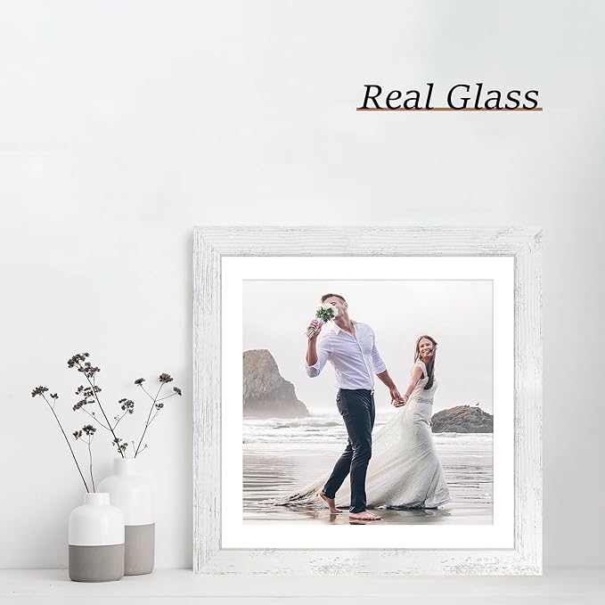 iRahmen 12x12 Picture Frame Set of 4 with Tempered Glass, Display 10x10 Picture with Mat or 12 x 12 Without Mat, Mixed Color Wood Photo Frames for Tabletop Display and Wall Mounting