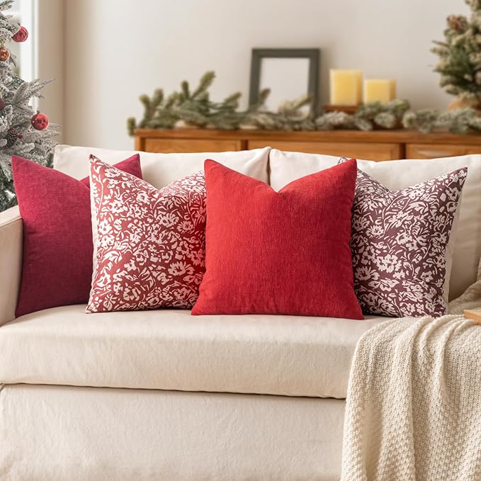 MIULEE Red Couch Pillow Covers 18x18 Inch, Set of 2 Soft Chenille Decorative Square Throw Pillow Covers Christmas Farmhouse for Sofa Living Room Bed