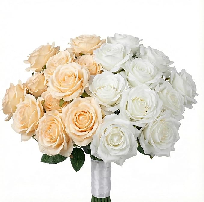 2 Bouquets, White Roses Artificial Flowers, Fake Roses Bouquet, 18 Heads, 16 Inch, Faux Wedding Bouquets with Stems, Floral centerpieces for Tables, Outdoor Decor (White)