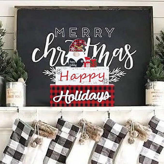 MEETYAMOR Christmas Decor, Large Size 3-Layered Gnome Wood Block with Happy Holidays Sign Christmas Table Decor, Farmhouse Rustic Xmas Decorations Indoor for Home, Mantle, Shelf, Living Room
