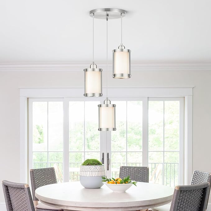 3-Light Pendant Lighting, Brushed Nickel Dining Room Chandelier Light Fixture Over Table with Milk Glass, Modern Cluster Hanging Lights for Kitchen Island Sink, OS-3014-3BNW
