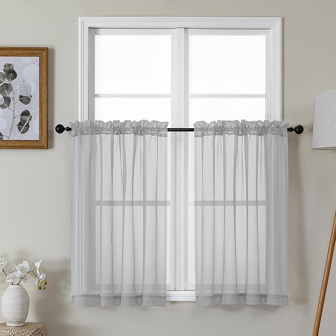 Gwine Light Grey Sheer Kitchen Curtains 36 Inch Length, Light Filtering Voile Soft Airy Small Cafe Curtains, Short Window Curtain for Bathroom Basement, 42x36 inch, 2PCS