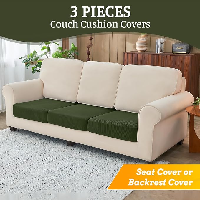 Sectional Couch Covers for Sofa Cushion L Shaped Couch Cover Washable Soft Couch Cushion Covers Stretch Sofa Slipcovers(3-Piece for Sofa Seat or Backrest, Green)