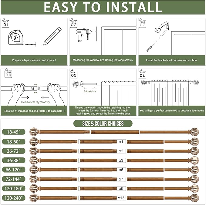 2 Pack Wood Curtain Rods 48 to 84 Inch,1 Inch Boho Adjustable Curtain Rod,Imitation Wood Grain Leaf Window Curtains Rods,Farmhouse Rustic Heavy Duty Drapery Poles,Brown Drapery Rod Set 36-88"