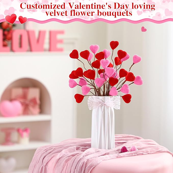 12pcs Valentine's Day Decoration Heart Shaped Artificial Berry Stems Valentines Picks Flower Bouquets Flocked Pink Red Decor for Valentine's Day Home Vase Table Centerpiece Tree Topper