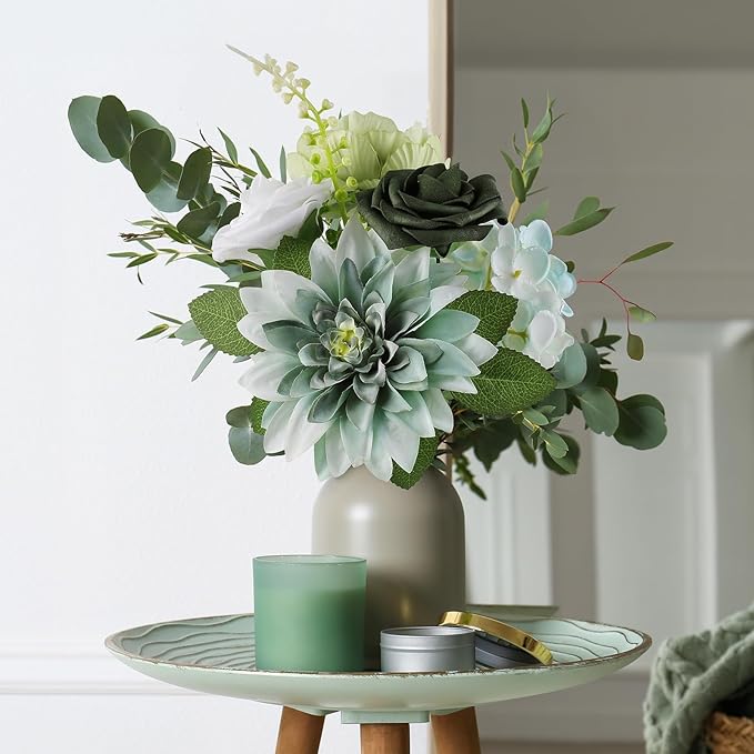 AmyHomie Forest Sage Green White Artificial Flowers Combo Silk Rose Fake Flowers w/Stem for DIY Wedding Bouquets Centerpieces Arrangements Table Decor Party Bridal Baby Shower Christmas Decorations