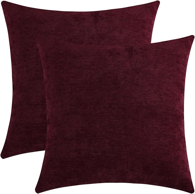 Burgundy Red Chenille Decorative Couch Throw Pillow Covers, Soft Cushion Cases for Home Livingroom Sofa Décor, Pack of 2, 14 x 14 Inches