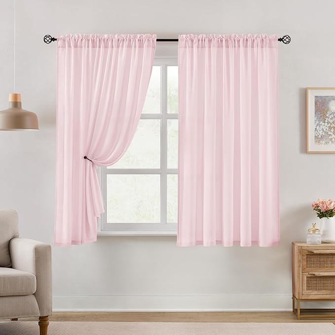 HOMEIDEAS Non-See-Through Light Pink Privacy Semi Sheer Curtains 63 Inches Long 2 Panels Set Light Filtering Curtains for Living Room Bedroom Nursery Drapes,W52xL63