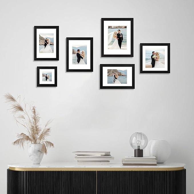 iRahmen 10x10 Picture Frame Set of 4 with HD Glass, Black Frames Display 8x8 Picture with Mat or 10 x 10 Without Mat, Wooden Photo Frames for Tabletop Display and Wall Mounting