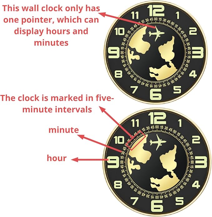 Wall Clock 12 Inch Battery PoweredNonTickingLuminousMetalFrame Simulating Earth's RotationAirplane PointerBedroomBathroomClassroomKitchenGarageNovelty Wall Clock