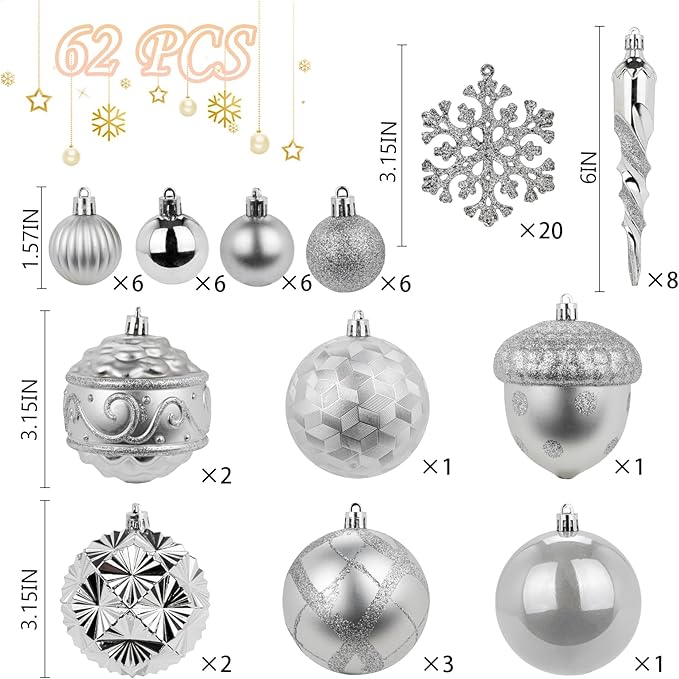 Fuovt 62pcs Silver Christmas Balls Ornaments Set - 3.15" Big Christmas Balls - Shatterproof Plastic Decorative Baubles for Xmas Tree Decor Holiday, Wedding, Party Decoration (Silver)
