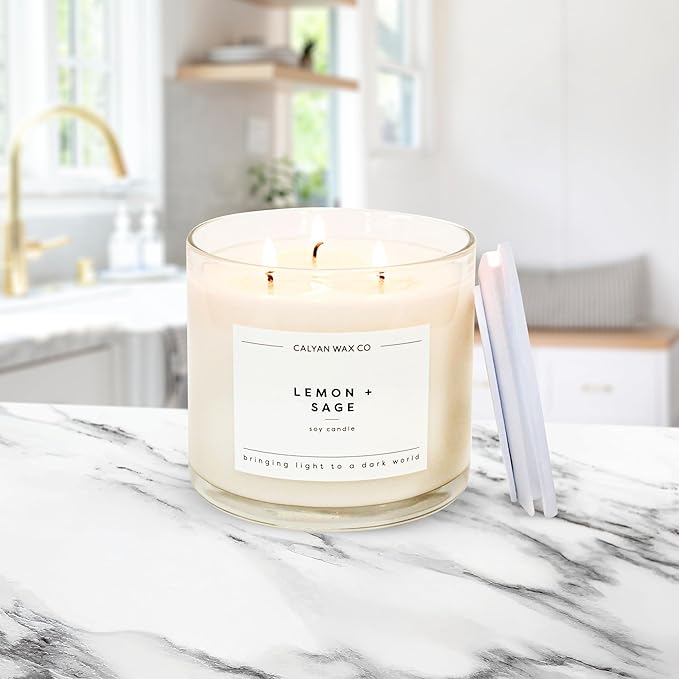 Calyan Wax Co. Lemon & Sage 3 Wick Scented Candle - 43 Hour Burn - Luxury 3 Wick Soy Candles - Non Toxic Soy Wax Candles - Long Lasting Large Glass Jar Candle for Home - 14.9oz