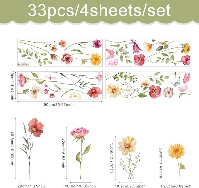 Watercolor Garden Flower Wall Decals, Peel and Stick Creative Colorful Butterfly Floral Wall Stickers, Multicolor Wildflower Wall Decor for Girls Room Nursery Bedroom Window