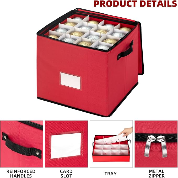 inin Christmas Ornament Storage Box with Adjustable Dividers,Christmas Ornaments Organizer with Zippered Top,Storage Container Bin for Holiday Decorations(64 Ball, Red, with Tray)