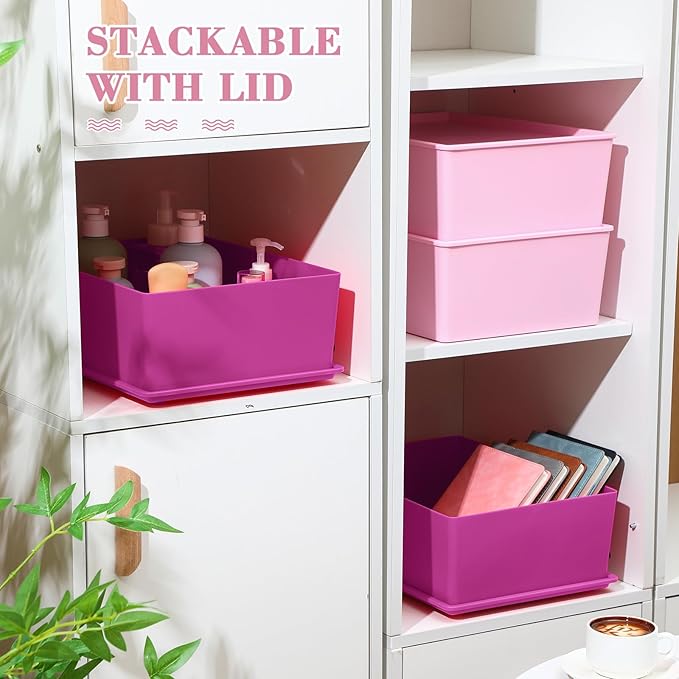 Menkxi 4 Pcs Storage Bins with Lids Plastic Stackable Containers for Organizing Shelves Christmas Ornament Box Baskets(Dark Pink, Light Pink,Large)