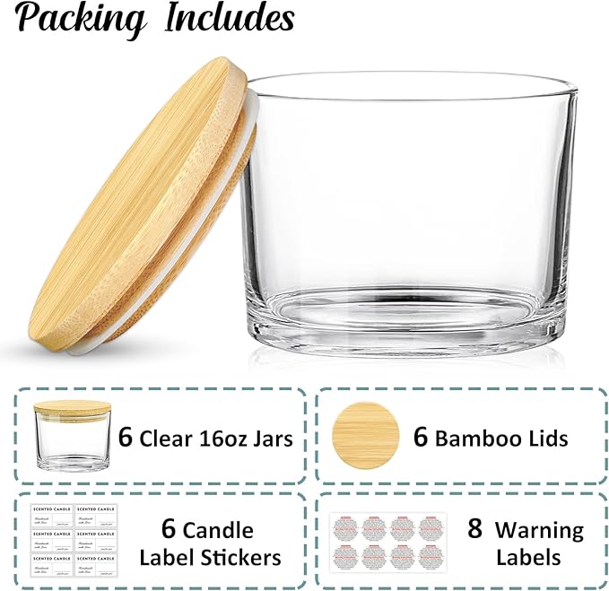 16oz Candle Jars 6 Pack - 3 Wick Large Empty Clear Glass Candle Making Vessels with Bamboo Lids, with Stickers and Labels, Bulk Candle Jars for Making Candles Containers - Dishwasher Safe