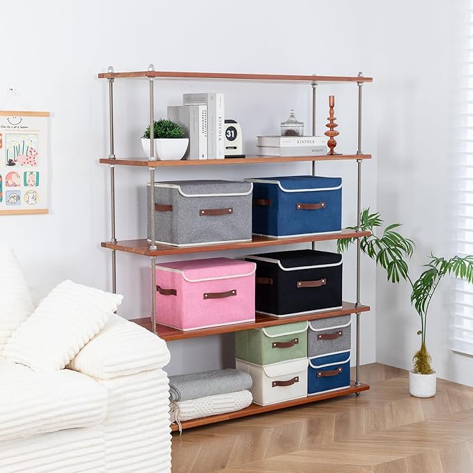 2PCS Collapsible Storage Boxes Baskets with Lid Cotton Linen Fabric Storage Bins with Faux Leather Handles Washable Cube Organizer Container for Home Closet Bedroom (Black, Large Size)