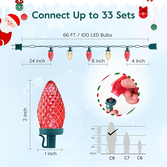 C9 LED Christmas String Lights, 66 ft 100 LED Strawberry Roof Lights, Commercial Grade Waterproof Extendable for Indoor Outdoor Roofline Home Xmas Decor, Red and Warm White