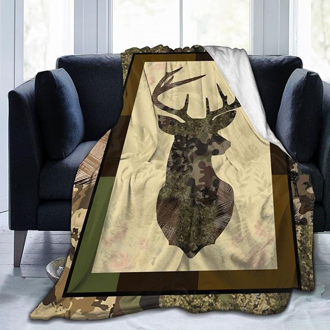 Deer Camouflage Throw Blanket Cozy Plush Camo Hunting Flannel Fleece Ultra Soft Blankets Unisex Lightweight Fuzzy Party Blanket Gifts for Adult Men Bed Couch Sofa Kids 60"x50"