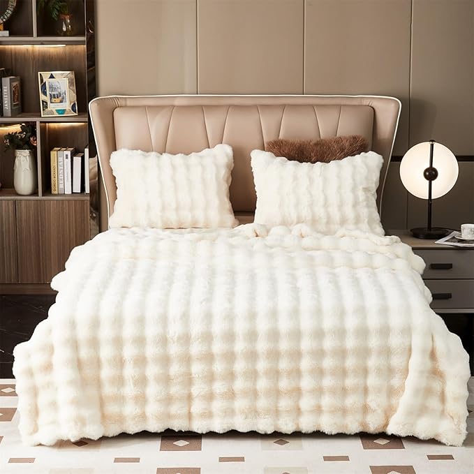 Fluffy Blanket White - Soft Throw Blanket for Couch, Fuzzy Plush Rabbit Faux Fur Blanket, Cute Cozy Blankets for Women, Thick Bubble Blankets for Bed Sofa Bedroom Living Room - 51" x 63"