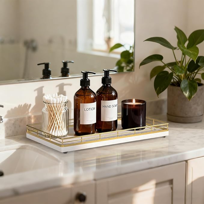 Large Bathroom Vanity Tray – 13" x 8" Oak Decorative Wooden Tray for Bathroom Countertop & Vanity Organizer, Wood Tray for Perfume, Skincare & Accessories Storage, Vanity Dresser Decor Gold & White