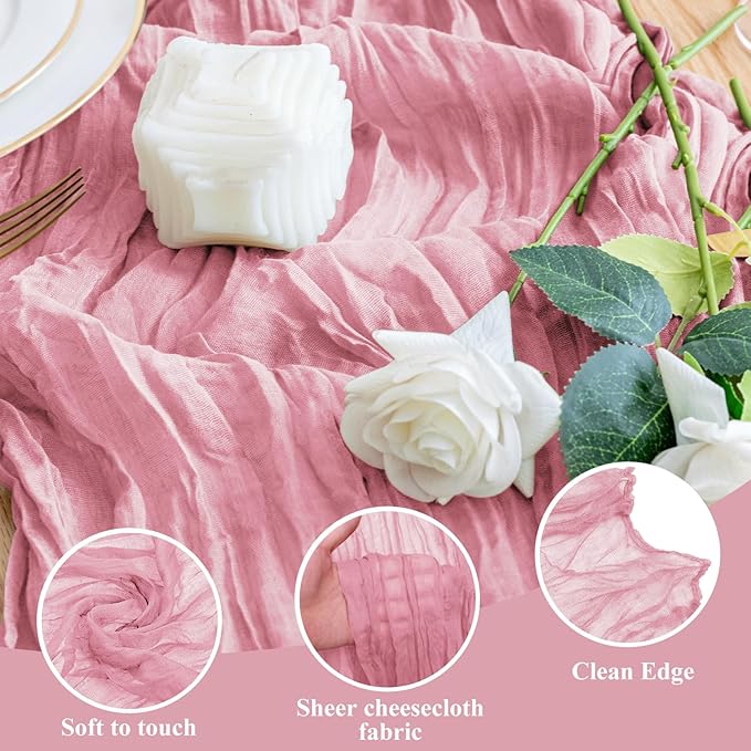 Wokceer Cheesecloth Table Runner Pink Valentine's Day 10FT Boho Gauze Cheese Cloth Table Runner for Party Long Rustic Sheer Runners for Baby Bridal Shower Wedding Easter Decor