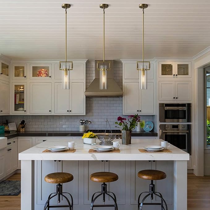 Modern Brass Pendant Lights 2 Pack, 12Inch Glass Farmhouse Island Lighting for Kitchen, Dining Room, Bathroom, and Bedroom