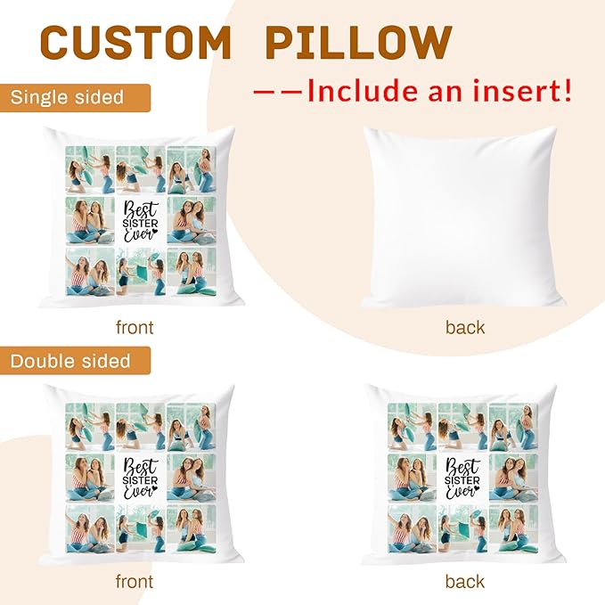 Custom Pillow with Picture & Text - Include Insert, Personalized Photo Pillow Double-Sided Printing | 5 Sizes & 10 Colors Optional, Customized Pillow Gifts for Best Friend