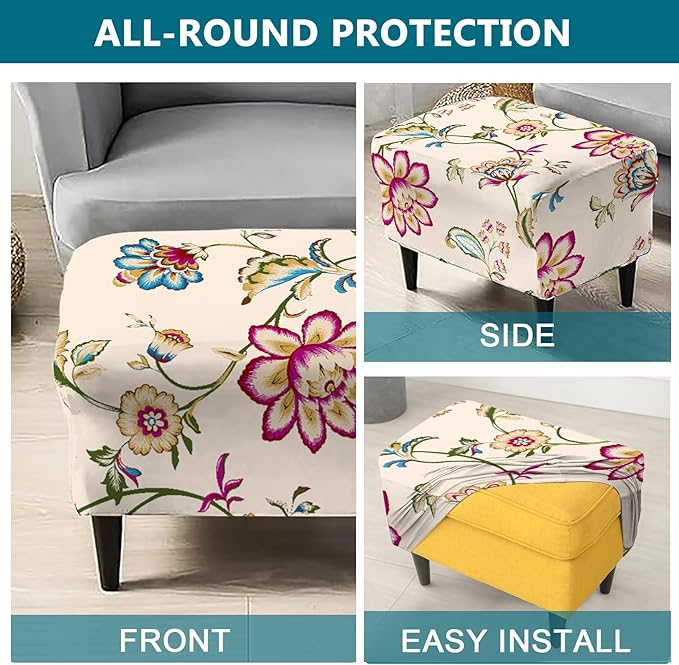 KRFOONN Stretch Ottoman Cover Slipcovers Rectangle Fit Length 27"-35" Footrest Stool Covers Printed Ottoman Cover for Foot Stool Furniture Protector with Non Slip Elastic Bottom, Color 20