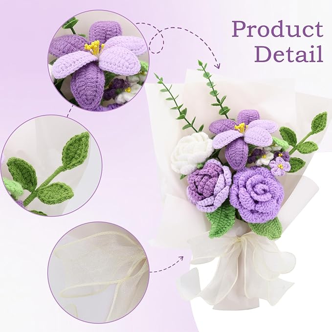 Handmade Crochet Sunflowers Rose Daisy as a Gift for Lover, Family,Friends. Crochet Bouquet, Crocheted Yarn Flowers, Artificial Flower Finished Bouquet (Purple)