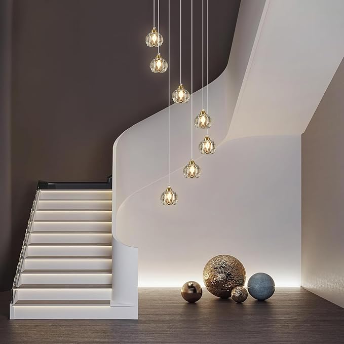 Crystal Chandeliers for Staircases, 7-Light Gold Modern Chandeliers for High Ceilings，Crystal Pendant Light Fixture for Living Room Kitchen Island Foyer Hallway Bar