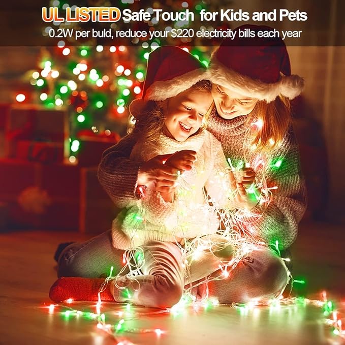 200 FT 500 LED Christmas Lights Outdoor Decorations Super Long Fairy Lights Waterproof 8 Modes Timer Clear Wire String Lights for Outside House Tree Patio Yard Wedding Party Holiday-Red & Green