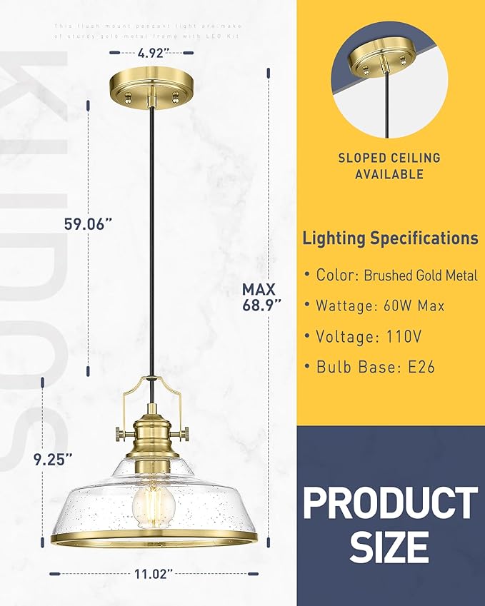 kudos 2 Pack Gold Pendant Lights Kitchen Island, 11" Brass Kitchen Island Lighting with Seeded Glass, Farmhouse Hanging Light Fixture for Kitchen Sink Dining Room Hallways, KDPL13-GD-S-2PK