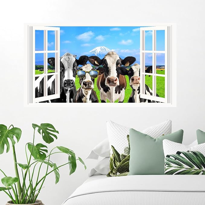 Funny Cow Wall Decals 3D Fake Window Stickers Farmhouse View Wall Decals 3D Peeking Cow Decal Funny Farm Animal Stickers Farmhouse Cow Decal for Living Room Bedroom Decor