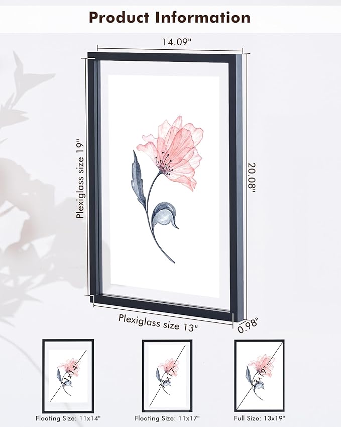DLQuarts 13x19 Floating Picture Frame for 11x17/11x14 Photos, 2-Pack Solid Wood Double Plexiglass Wall Art Frames, Any Size Photo up to 13x19 Display, Black