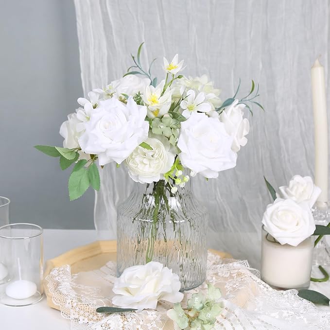 White Artificial Flowers Box Set Wedding Silk Fake Flowers for DIY Bouquets Table Centerpieces Garland Wreaths Baby Shower Party