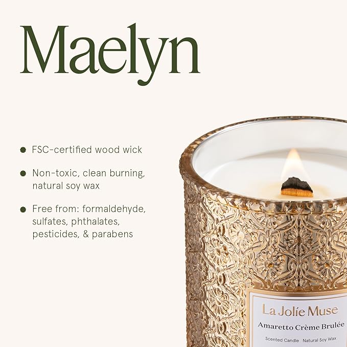 LA JOLIE MUSE Christmas Candle | Amaretto Crème Brûlée | Almond Liqueur, Dried Fruit & Caramel | 19 oz Wooden Wick | 90 Hours Clean Burn | Candle Gift for Christmas Holiday