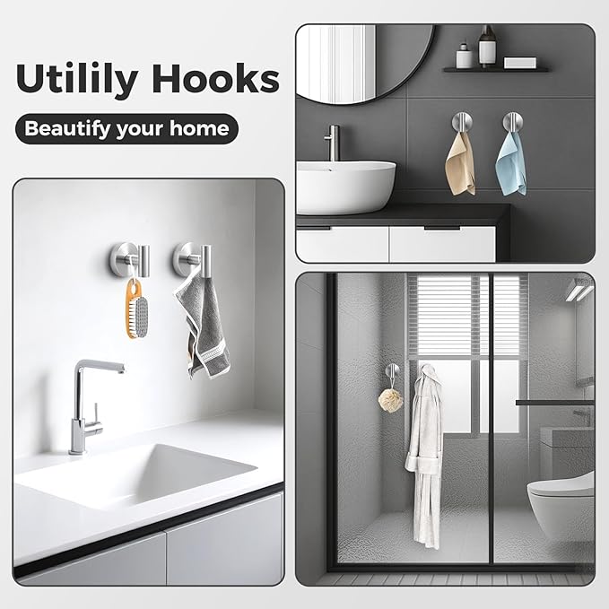 Shower Hooks for Inside Shower,No-Drill Removable&Reusable Towel Hooks for Bathroom,Heavy Duty Suction Cup Hooks for Glass Window,4 Packs(Silver)