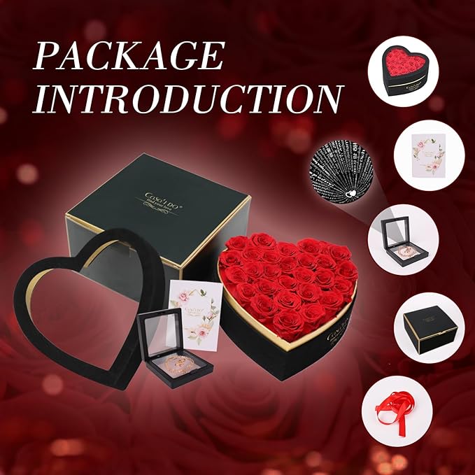 Preserved Roses Flowers for Delivery 27 Pcs, Forever Flores in Heart Box with Necklace, Eternal Rose Anniversary Birthday Gift for Women Wife Girlfriend, Rosas for Valentines Christmas, Red