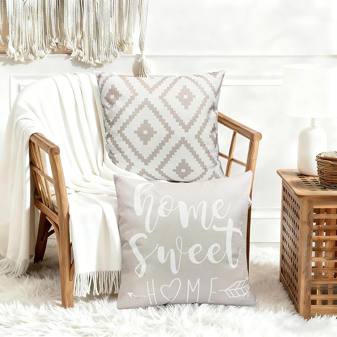 Decorative Throw Pillow Covers 20x20 inch Set of 4 Light Khaki Pillow Covers for Couch Sofa Living Room,Farmhouse Outdoor Throw Pillow Cover,Modern Geometric Linen Square Throw Pillow Cases